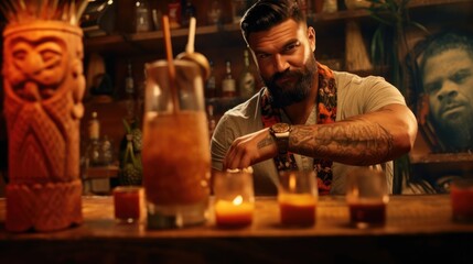 Tiki drink cocktails. Tropical tiki cocktails bar. Friendly male bartender