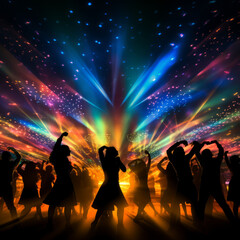 Fototapeta na wymiar Disco laser - silhouette of people dancing under disco laser beam