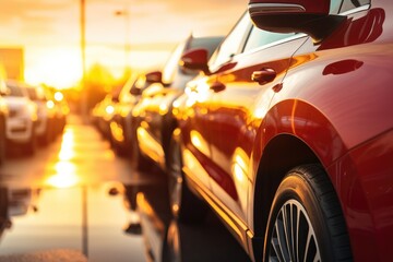 Cars stand in rows.