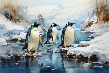 Obraz premium Penguins standing on the snow drawn with watercolor 