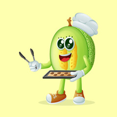  honeydew melon character holding a tray of baked goods