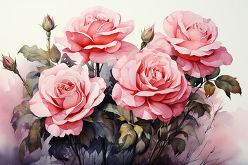 Pink roses drawn with watercolor isolated on white background.