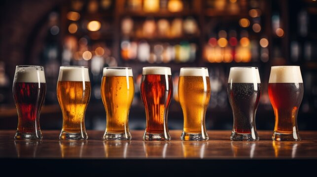 Glasses with different sorts of craft beer on wooden bar.
