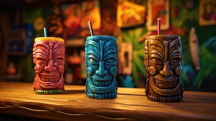 Summer refreshing tiki cocktails on the background of a bar counter