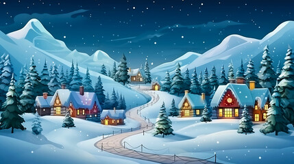 A cozy mountain village with beautiful houses covered in snow and decorated for Christmas, illustration. Picturesque mountain landscape with spruce forest and falling snowflakes. Copy space.