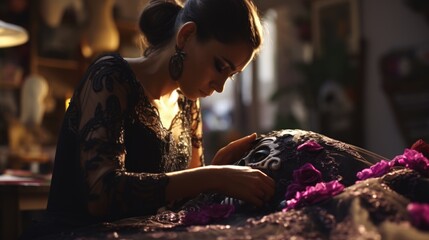 Fototapeta premium Woman tailor sews a dress for the Mexican holiday Day of the Dead. Santa Muerte.
