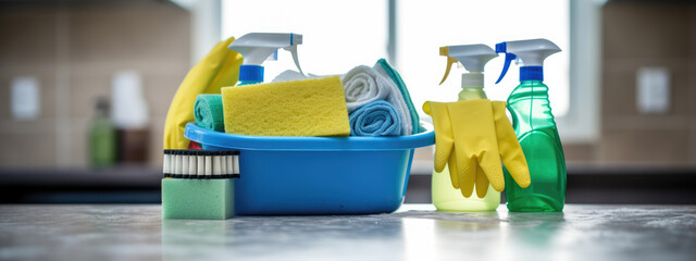 Various household cleaning products in a bucket