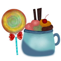 Cup of ice cream and candy bar