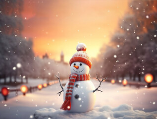 Naklejka na ściany i meble christmas card with happy snowman in winter