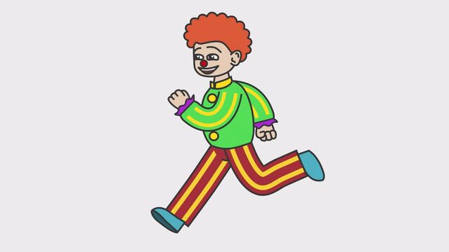 White smiling male clown runs. Looped 4K video with alpha-channel.