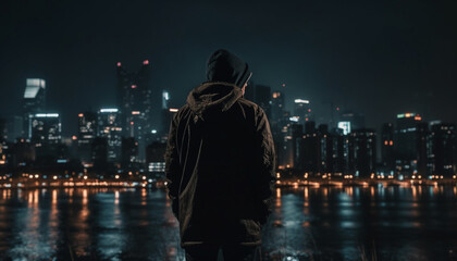 Fototapeta na wymiar One man standing in solitude, back lit by cityscape generated by AI