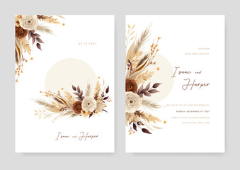 Brown white and beige modern wedding invitation template with floral and flower