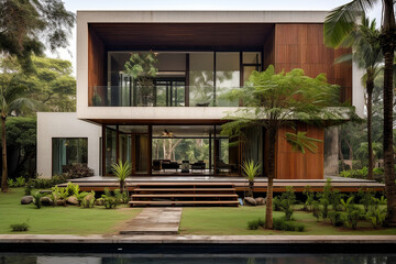 Fototapeta na wymiar Artistic Landscaping Around Contemporary Houses, Modern Indian House, Modern Indian House Design, Modern Indian House Exterior
