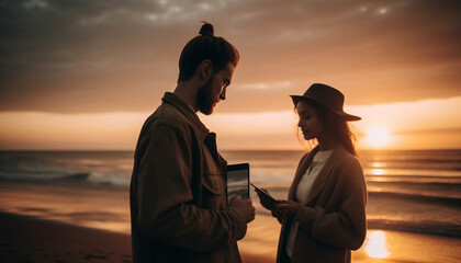 A romantic couple bonding outdoors, smiling at sunset using technology generated by AI