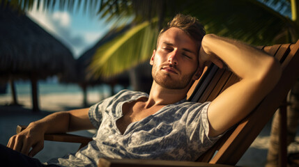 Portrait of happy young man relaxing on wooden deck chair at tropical beach