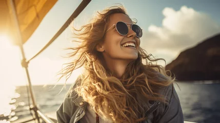 Poster Portrait of a smiling woman on a yacht at sea during a vacation © MP Studio