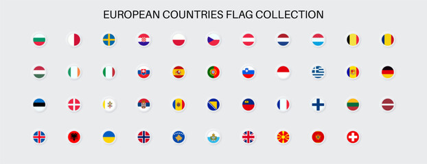 European countries flags collection. Neumorphism style. Vector EPS 10