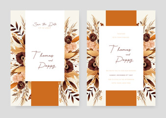 Brown white and beige modern wedding invitation template with floral and flower