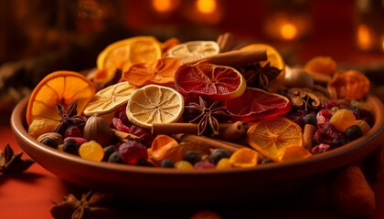 Fresh citrus fruit bowl with anise and cranberry decoration generated by AI