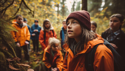 Obraz premium A group of friends hiking in the autumn forest together generated by AI