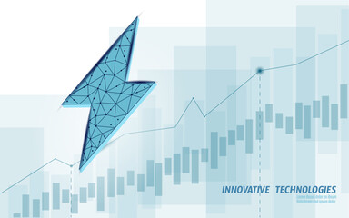3D growing graph lightning energy sources concept. Polygonal light blue power charging industry banner vector illustration