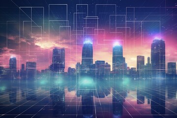 Glowing digital grid over hazy skyscrapers. Connection, technology, laser, mesh, metaverse, city, concept, double exposure. Generative AI