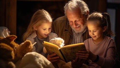 Photo of a man reading a book to two little girls, fostering a love for reading and storytelling