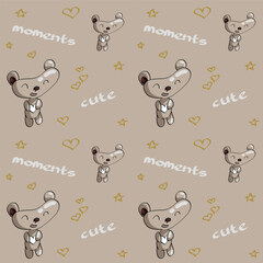 Seamless pattern with cute bear and hearts. Vector illustration.