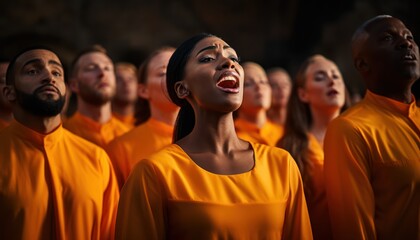 Photo of a group of people wearing orange shirts singing together - obrazy, fototapety, plakaty