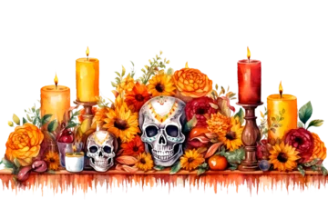 Crédence de cuisine en verre imprimé Crâne aquarelle Altar of skulls and flowers during the Day of the Dead in Mexico on a white background