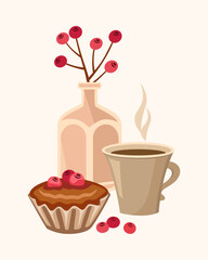 Berry muffin and a cup of hot tea, cozy still life, vector illustration.