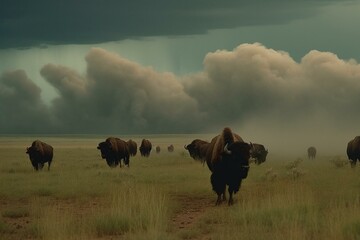 Buffalo running during a storm causes dust clouds on the North American prairie. Generative AI