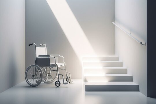 3D graphic showing an empty wheelchair positioned near stairs. Generative AI