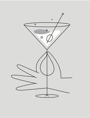 Hand holding glass of cosmopolitan cocktail drawing in flat line style on grey background