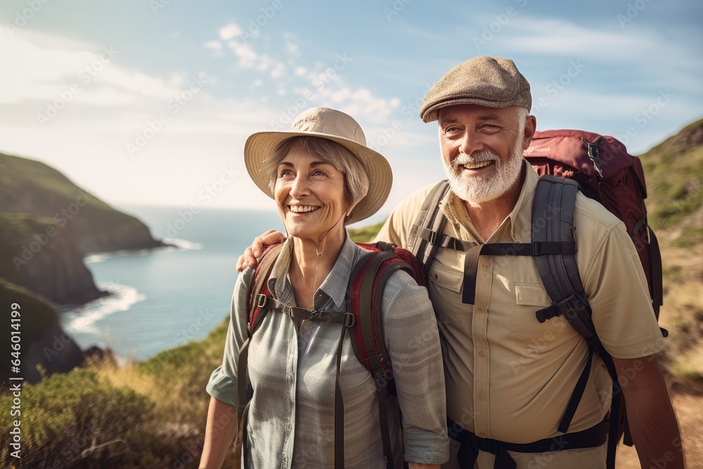 Wall mural Elderly couple going on a hike together.