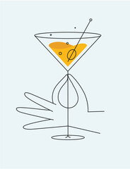 Hand holding glass of cosmopolitan cocktail drawing in flat line style on light background