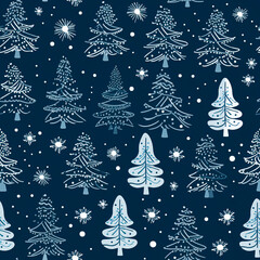 Christmas tree seamless pattern, tileable blue holiday country print for wallpaper, wrapping paper, scrapbook, fabric and product design