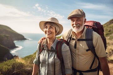 Obraz na płótnie Canvas Elderly couple going on a hike together.