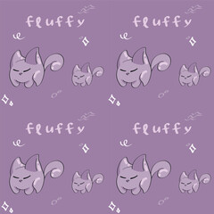 Seamless pattern with cute cats on purple background. Vector illustration.