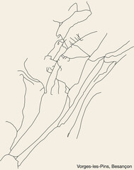 Detailed hand-drawn navigational urban street roads map of the VORGES-LES-PINS COMMUNE of the French city of BESANCON, France with vivid road lines and name tag on solid background