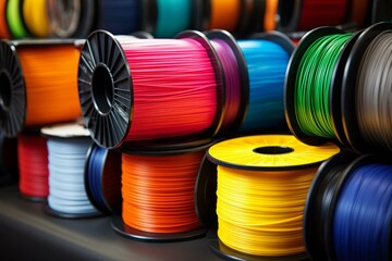 Various colorful spools of 3D printer filaments and ABS wire for printing. Generative AI - obrazy, fototapety, plakaty