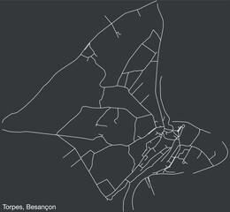 Detailed hand-drawn navigational urban street roads map of the TORPES COMMUNE of the French city of BESANCON, France with vivid road lines and name tag on solid background