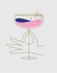 Hand holding glass of daiquiri cocktail drawing in flat line style on beige background