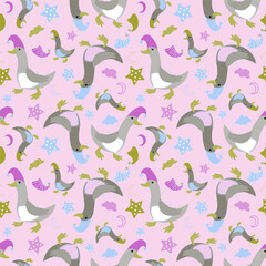 Vector seamless pattern with funny geese in nightcaps, stars, clouds and the moon. Animal character cute child  background