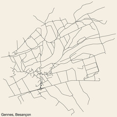 Detailed hand-drawn navigational urban street roads map of the GENNES COMMUNE of the French city of BESANCON, France with vivid road lines and name tag on solid background