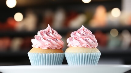 Cupcakes with pink frosting and Christmas baubles on a white wooden background