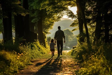 Father and daughter walking in the park at sunset. Happy family concept.