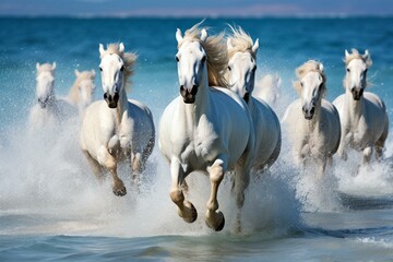 Fototapeta premium Horses galloping along shoreline in seawater. Generative AI