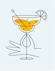 Hand holding glass of margarita cocktail drawing in flat line style on light background