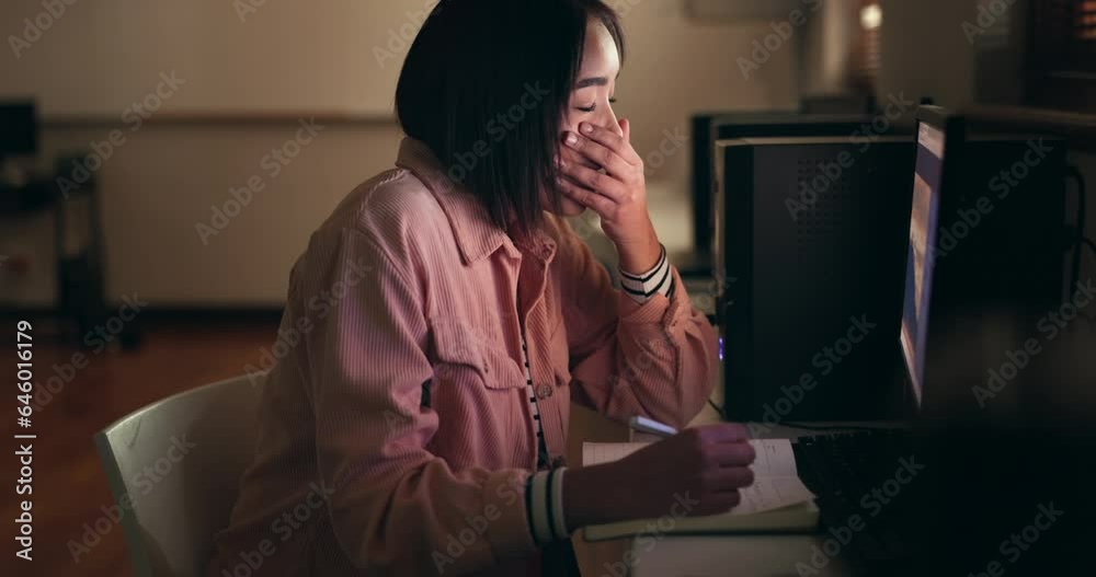 Aufkleber student, woman and tired on computer for night research, studying and writing notes for university o